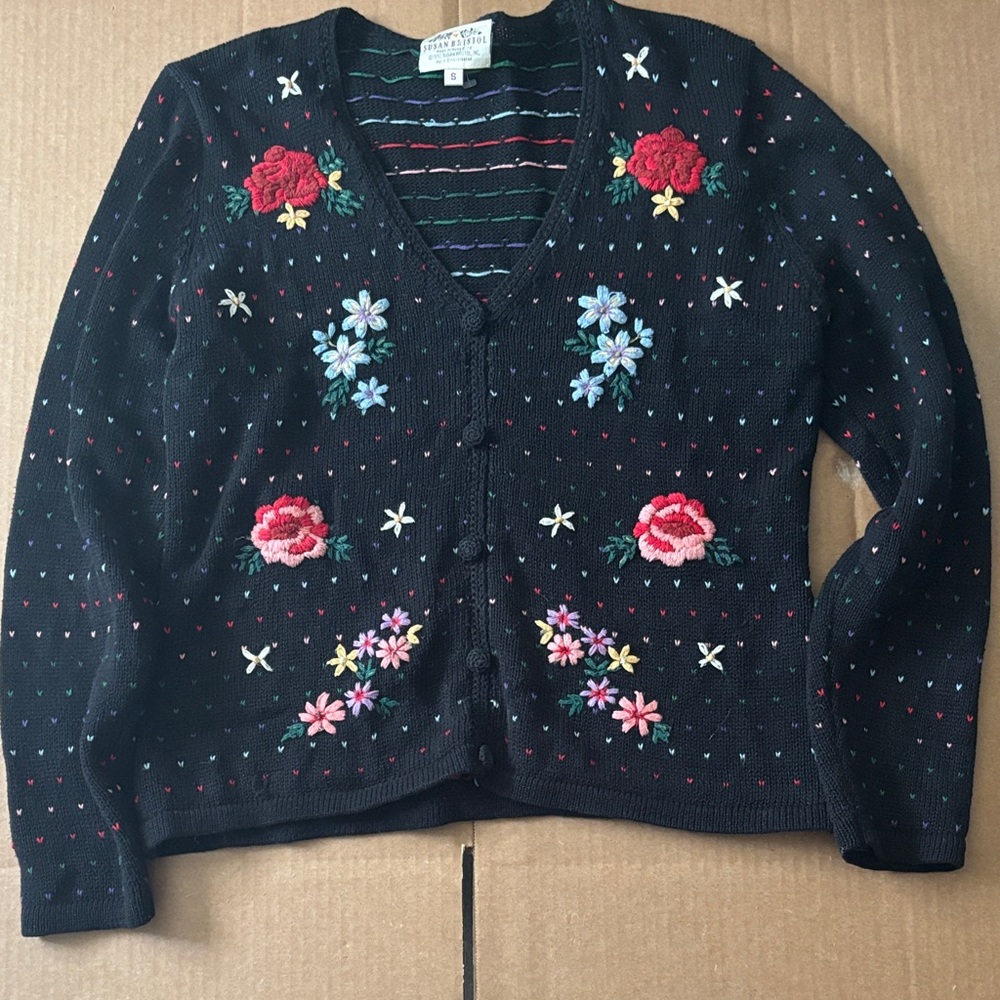 Vintage Susan Bristol Black Cardigan with Colorful Floral Embroidery.